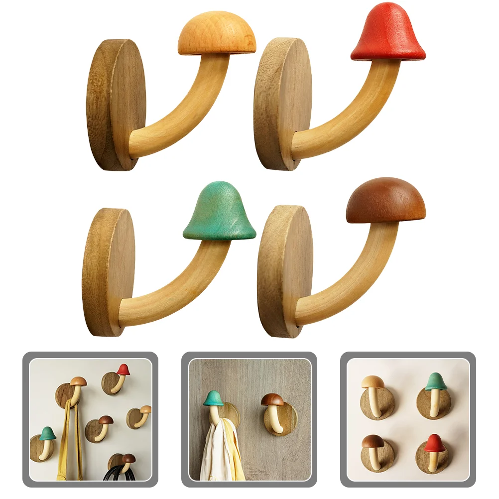 

4pcs Wooden Mushroom Coat Hooks Non-Perforated Wall Hook Hanger for Bathroom Kitchen