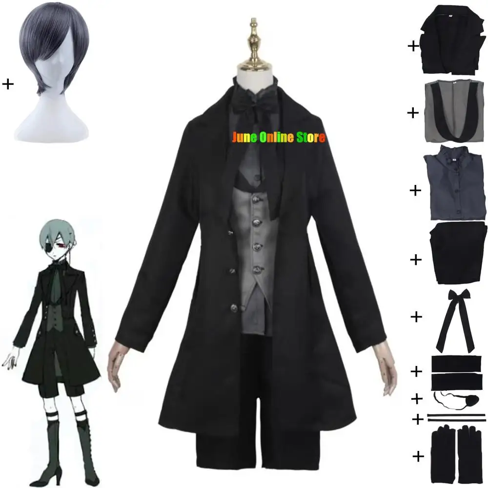 

Anime Black Butler Ciel Phantomhive Smile Cosplay Costume Adult Man Woman Top Coat Pants Wig Halloween Devil Gothic Style Suit