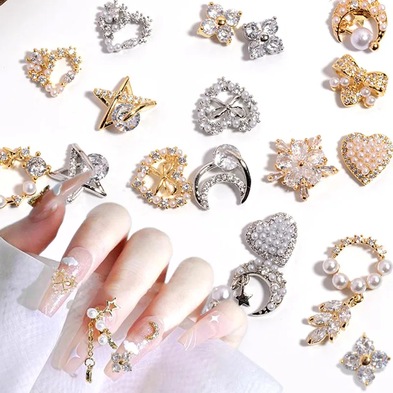 

5pcs Shiny Zircon Alloy Nail Charms Nail Gems Accessories Pearl Bow Tar Moon Heart Nail Art Charms DIY Nail Rhinestones Jewelry