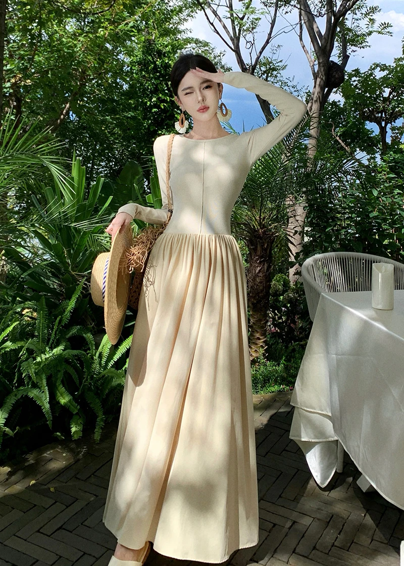 Vestidos largos informales de retazos para mujer, cuello redondo, mangas largas, corte en A, otoño primavera, moda coreana, vestidos de una pieza para mujer, nuevos