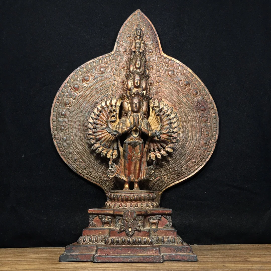 

17"Tibet Temple Collection Old Bronze Cinnabar Mud gold Backlight 1000 Guanyin Thousand-hand Bodhisattva Buddha Worship Hall