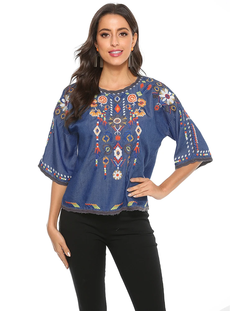 KHALEE YOSE Blusa Vintage bordada con flores para mujer, Camisa vaquera  azul, mexicana, informal, para vacaciones, talla 23XL| | - AliExpress