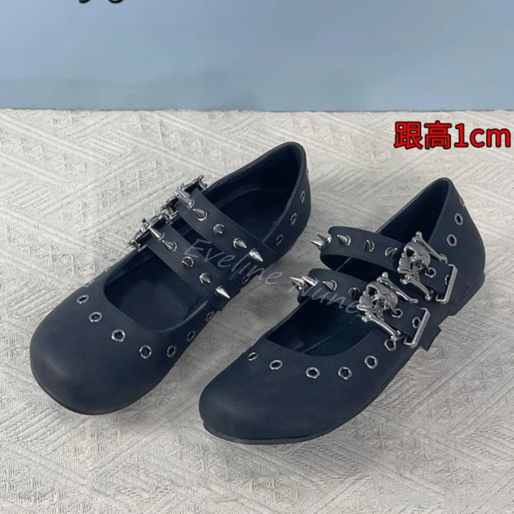 Gothic Punk Style Double Buckle Rivet Pumps Women Round Toe Skull Cute Flat Bottom Mary Jane Ballet Shoes 2025 New Leather Shoes 5