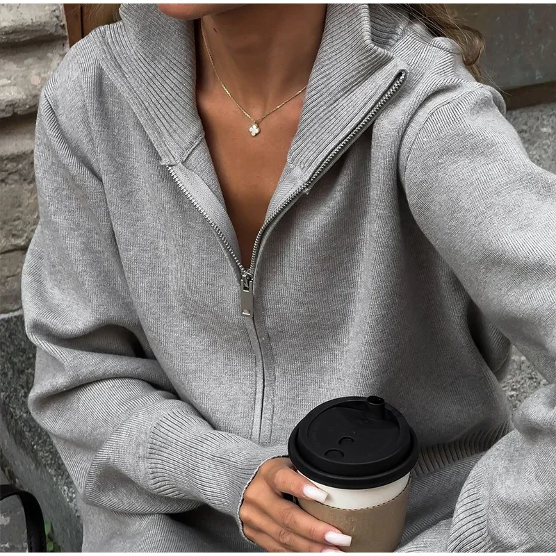 Knitted Pants Sets Women Stand Collar Zipper Cardigan Loose High Waist Pants Suits Autumn Winter New in Matching Outfits