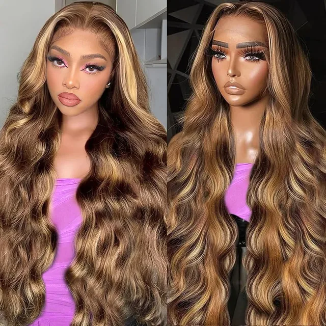 Perruque en cheveux humains avec dentelle frontale 13x6, blonde ombrée brune, vague corporelle, densité 220%, mèches colorées, dentelle HD 13x4, pour femmes 1