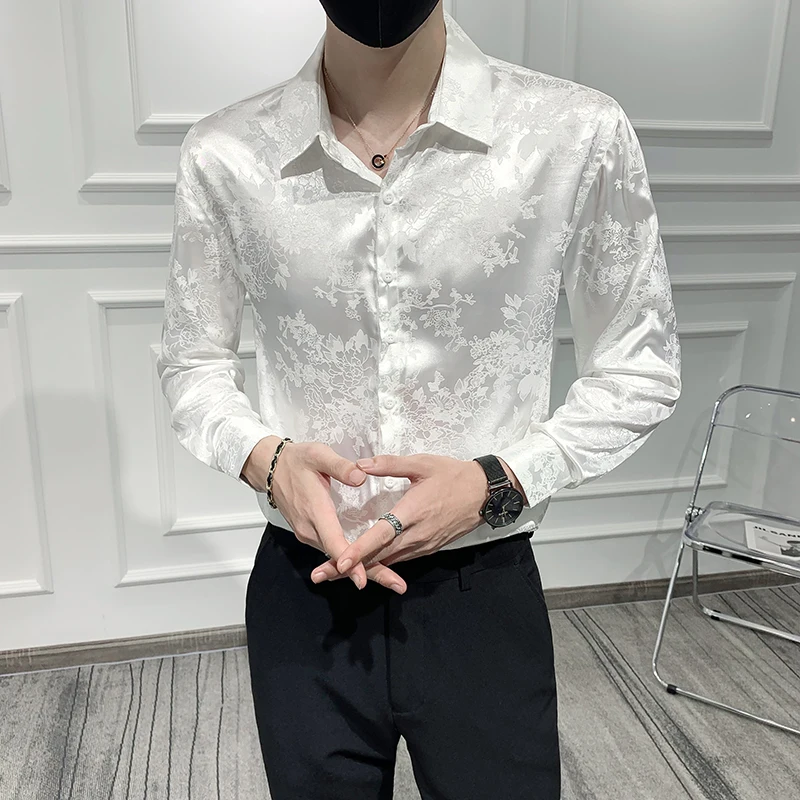 

Complete Elegant Man Luxury White Silk Dress Shirt Mens Dinner Party Dress Flowers Satin Shirts Smooth Gentleman Clothing Black