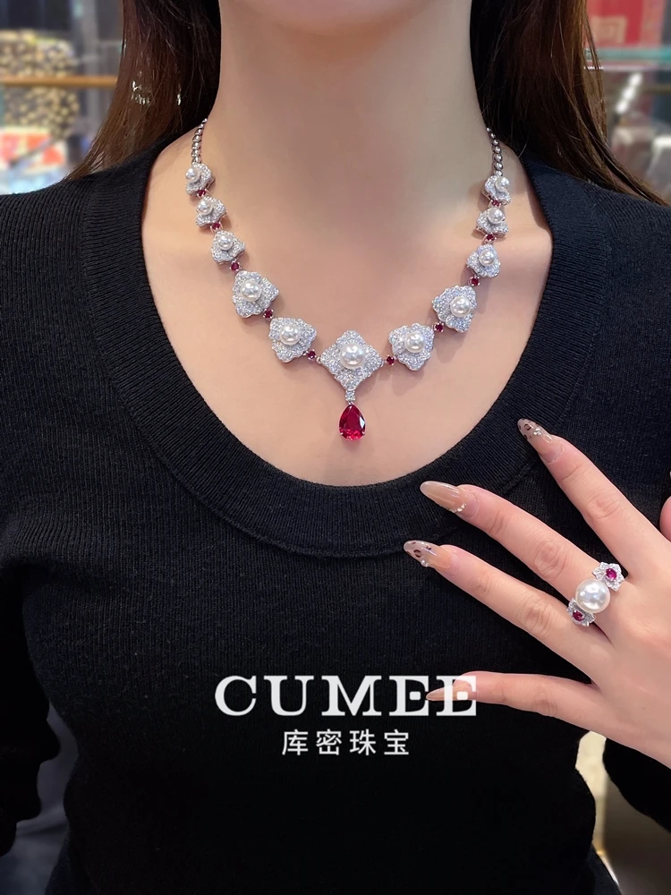 Cumee Ethnic Flower Ruby Jewelry Set Artifical White Pearls Cultivation Synthetic Ruby Pendants Necklace 925 Silver Plated Gold