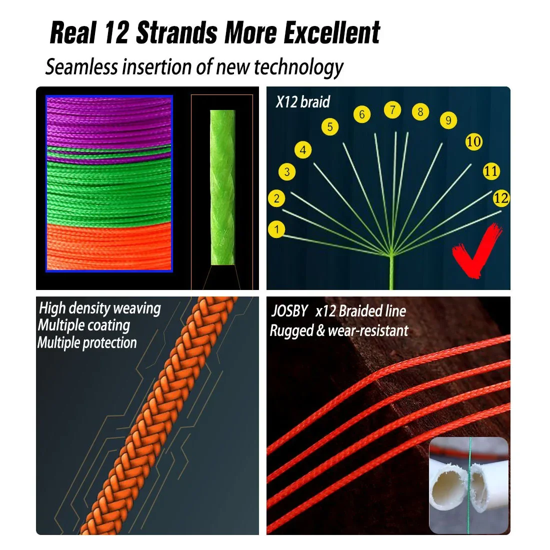 JOSBY Braided Fishing Line 12 Strands Smooth Multifilament PE Weave Sea Freshwater Extreme Japan Carp Thread 100/300/500/1000M fishing line,fishing tackle