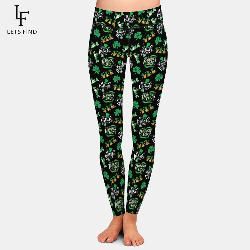 цена LETSFIND New St Patrick's Day Leggings Women Shamrock Clover Trefoil Gnomes Print Leggins High Elasticity 230gsm Milk Silk