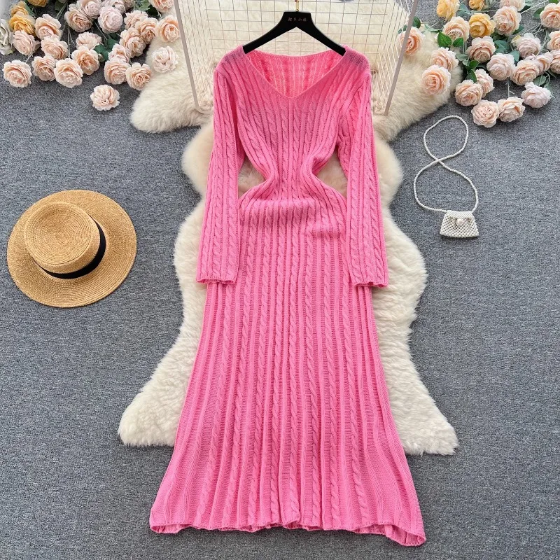 

Women's French Retro Twist Knitting V-Neck Dress, Slim Temperament, Mid-length Bottoming Skirt, Elastic Slim, Autumn and Winter
