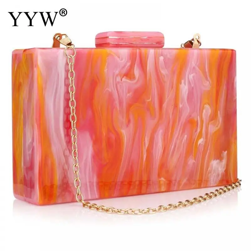 

Unique Square Acrylic Handbags Women Metal Chain Crossbody Hard Marbling Printing Evening Messenger Bag Lady Prom Banquet Purse