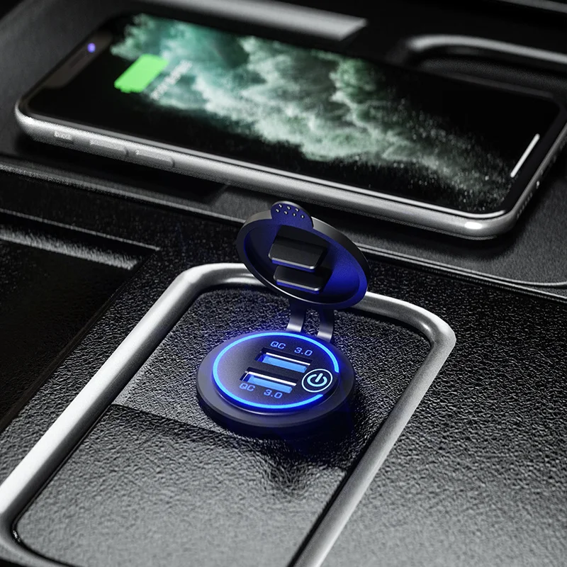 Dual USB Car Charger Socket with Quick Charge 3.0 and Touch Switch - Waterproof Fast Charging Power Outlet