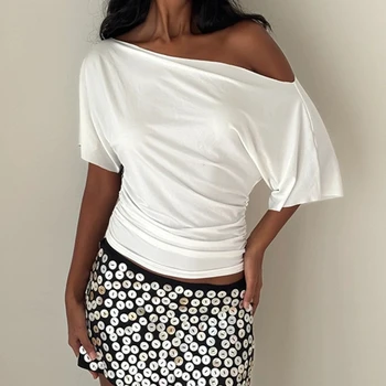 Off Shoulder Ruched Crop Top Women Basics Solid Color Skew Collar Short Sleeve T-shirts Summer Casual Streetwear Tees 1