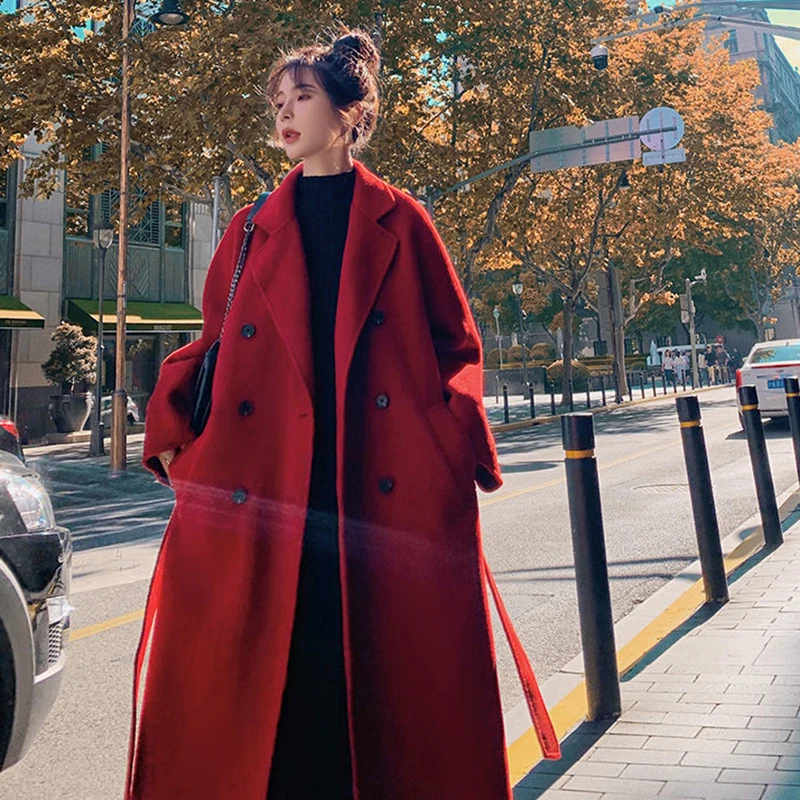 Oversized Korean Woolen Coat Women Solid Colors Lace Up Long Jacket French Style Elegant Fall Winter Thick Midi-Length Overcoat