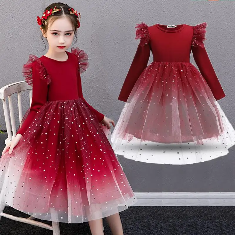 Red Girls Christmas Dress Autumn Full Sleeve Tulle Mesh Tutu Kids Princess Birthday Party Clothes Children New Years Costumes girls dress princess costume kids clothes