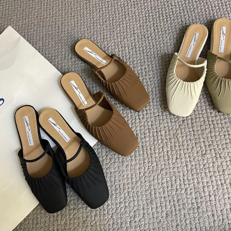 

2023 Summer New Women Green Beige Slipper Fashion Pleated Slip On Ladies Mules Shoes Flat Heel Casual Soft Outdoor Sandal Shoes