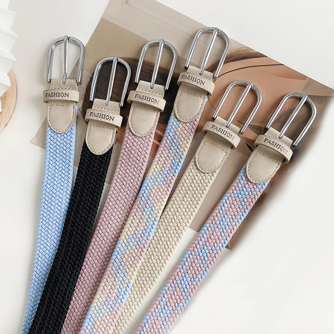 

Women Woven Canvas Elastic Belts New Simple Metal Buckle Belt Girls Dress Jean Pants Waistband Belts For Lady Candy Color Belt