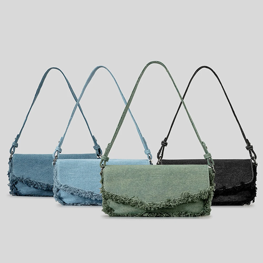 Tassel Cover Women Handbags Fashion Denim Shoulder Bag Canvas Crossbody Designer Bags for Women 2024 Square Armpit Bag Clutch