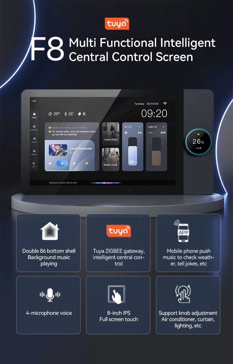 SZMYQ Tuya Smart Home 6Touch Screen Music Playback & Smart Home Control Panel With Buil-In Gateway With A Knob