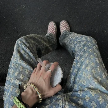 Jeans a gamba dritta dimagranti Hiphop di marca alla moda Jacquard Full Print stile High Street americano europeo per uomo 1