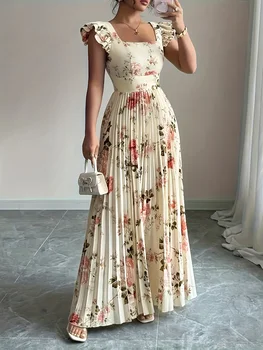 Elegant Beige Floral Pleated Midi Dress with Ruffle Square Neck and Stretch High Waist Slim Fit Party Evening Gown 1