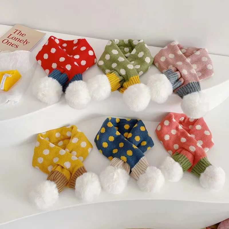 Plush Pompom Baby Scarf Winter Warm Kids Knitted Scarves 2-6 Years Boys Girls Cross Neckerchief Dot Print Children Neck Collar