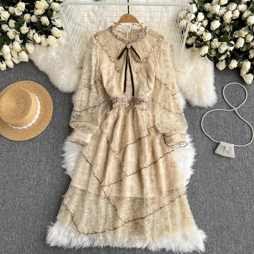 

Celebrity Temperament Waist Closing Evening Dress High-end Light Luxury Heavy Industry Nail Bead Medium Long Slim French Dress