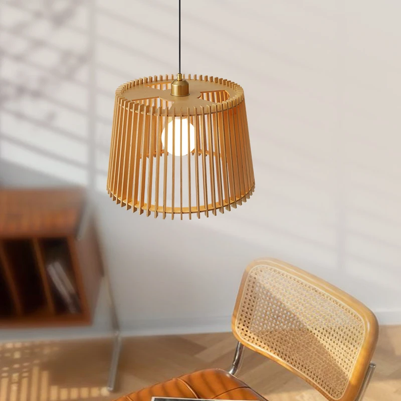 Japanese Restaurant Bucket Pendant Lamp Net Red Living Room Bar Lamp Decorative Bedroom Pendant Wood Birdcage Chandelier