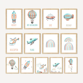Rainbow Rocket Airplane Hot Air Balloon Wall Art Travel Nursery Posters Kids Canvas Print Decorative Paintings Baby Room Picture