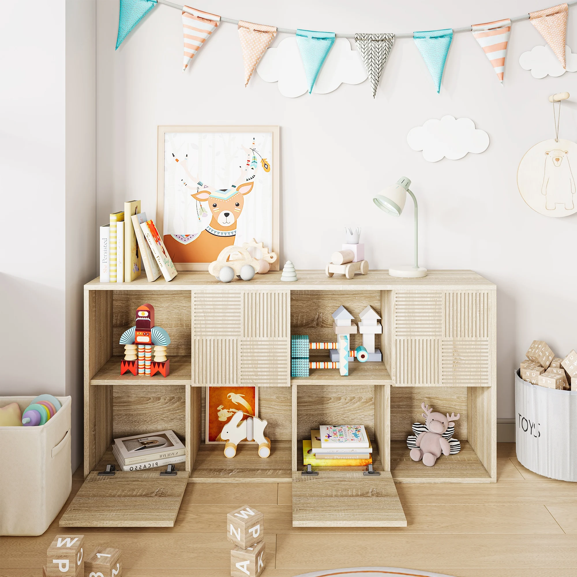 Wohnzimmer-Vitrine, Kinderbücherregal mit 8 Aufbewahrungsboxen, 4-türiger Schrank, Bücherregal aus Spanplatten für das Wohnzimmer – Detail 4