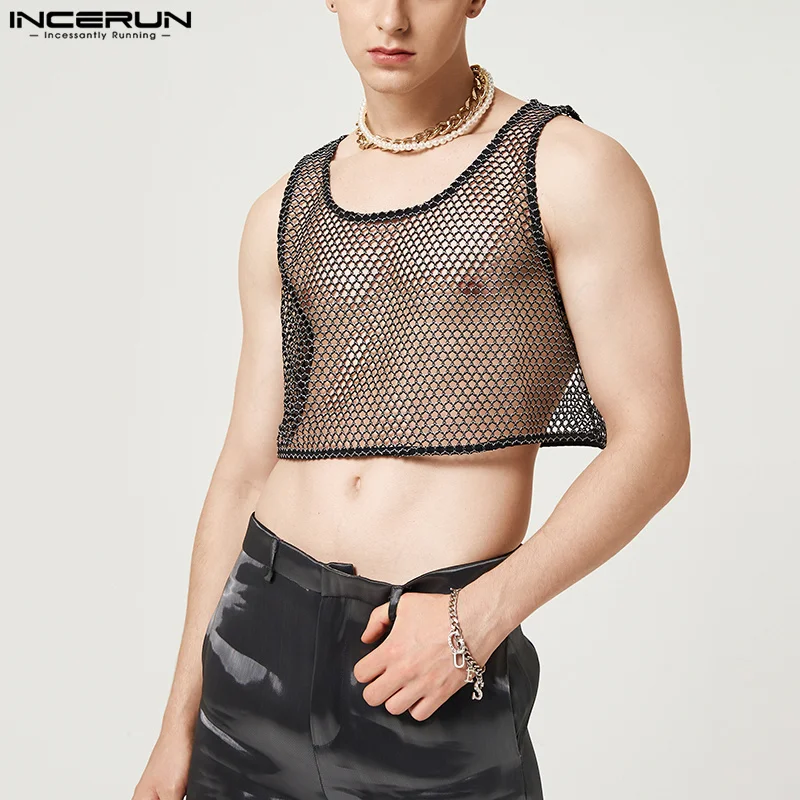 INCERUN Men Tank Tops Mesh See Through Round Neck Sleeveless Streetwear Sexy Crop Tops Men 2022 Summer Shiny Stylish Vests S-5XL