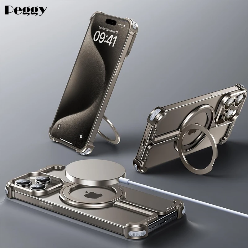 

Natural Titanium Frameless Holder Phone Case For iPhone 15 14 Pro Max Protective Shock Absorption Aerospace Grade Aluminum Cover