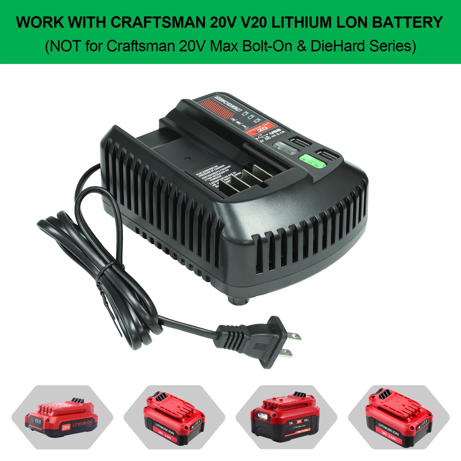 For Craftsman Li-ion Lithium Battery 18V 20V Fast Charger With Dual USB Port For