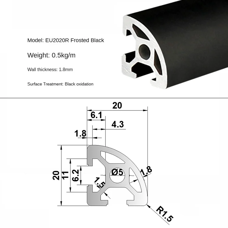 1 Stück schwarze anodische Oxidation 2020 2040 2060 2020N2 2020R 3030 3030N2 3030R 3060 4040 4080 T-Nut Aluminiumprofil EU-Standard – Detail 18