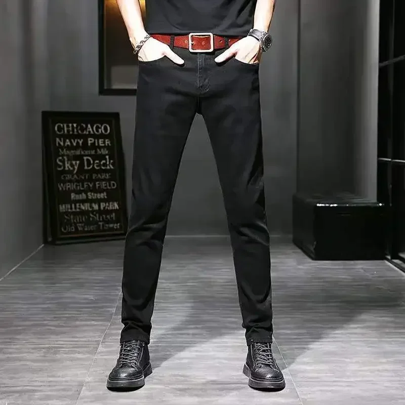 Pantalones de trabajo ajustados para hombre, pantalones vaqueros negros de invierno para hombre, pantalones ajustados de estilo coreano, moda informal Harajuku
