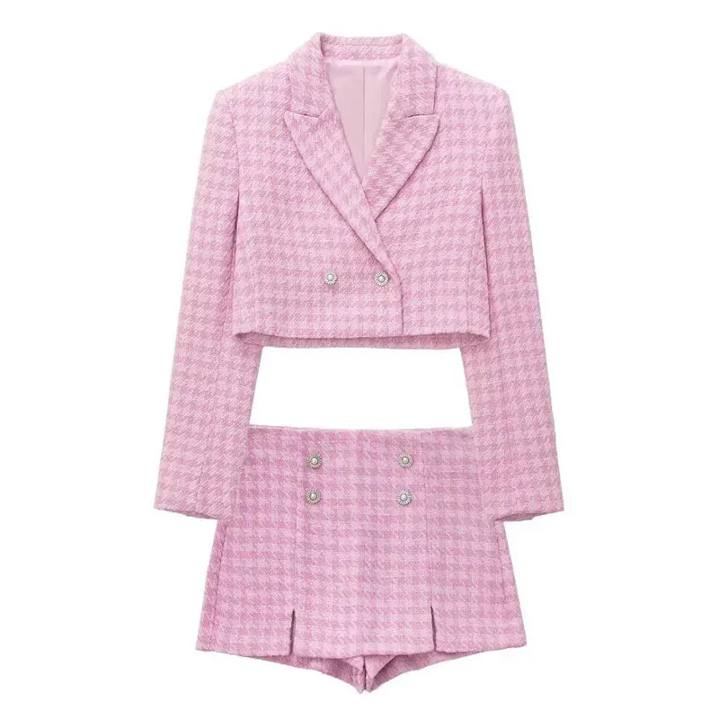 HH TRAF 2024 Otoño Moda Mujer Trajes de Culotte con Estampado de Pata de Gallo Blazer con Cuello Vuelto y Pantalones Cortos para Mujer para Viajes a la Oficina