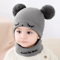 2Pcs/Set Autumn Winter Warm Baby Hat Scarf Set Solid Color Girl Boy Hats Embroidery Infant Toddler Beanies For Kids 1