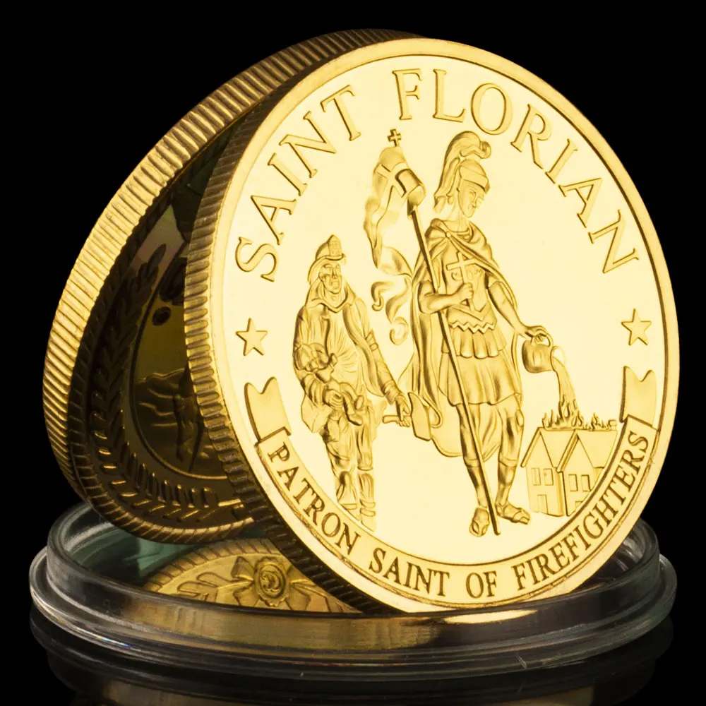 Challenge Coin Saint Florian Patron Saint Of Vigili Del Fuoco Placcato Oro Collezione Di Monete Souvenir Da Collezione Moneta Commemorativa