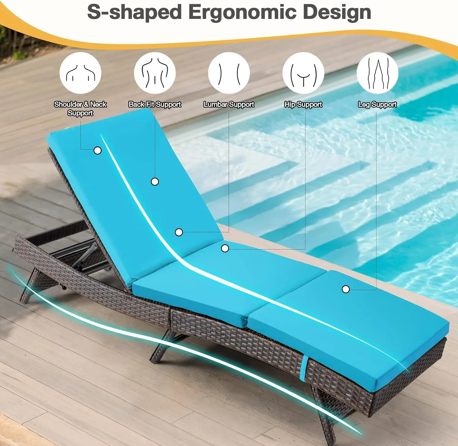 Chaise Lounge Chairs Set of 1/2, PE Rattan Pool Lounge Chairs w/Adjustable Backrest,Chaise Lounge for Outdoor Porch and Backyard images - 6