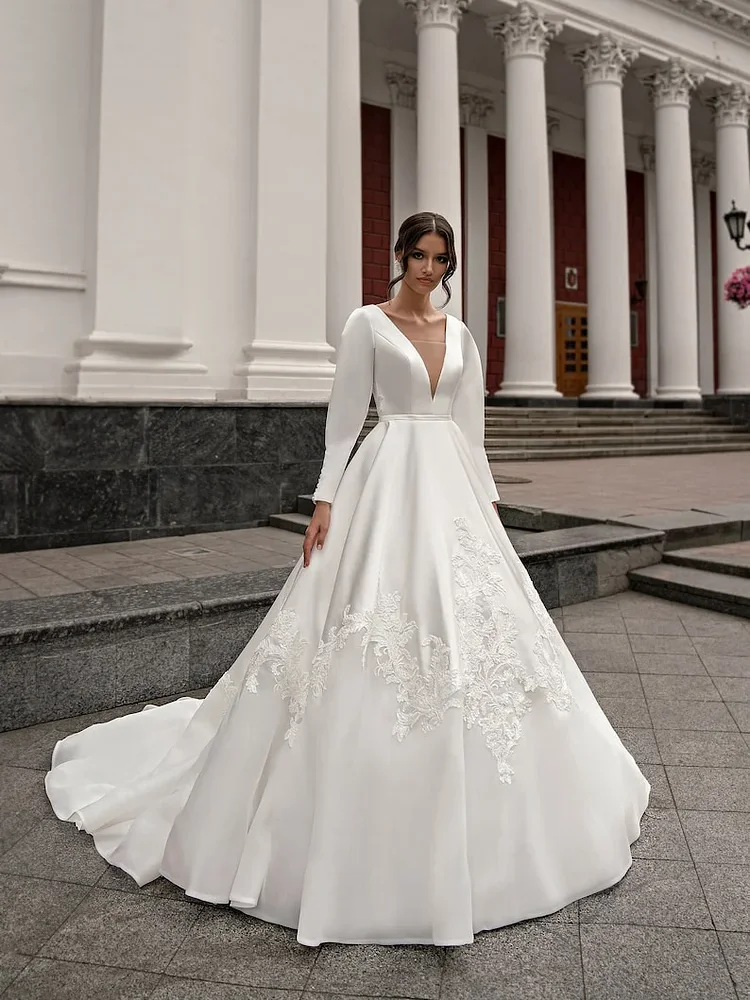 

Graceful A Line Wedding Dress Satin Illusion V Neck Full Sleeves Beads With Lace Applique Sweep Train Button Back Robe De Mariée