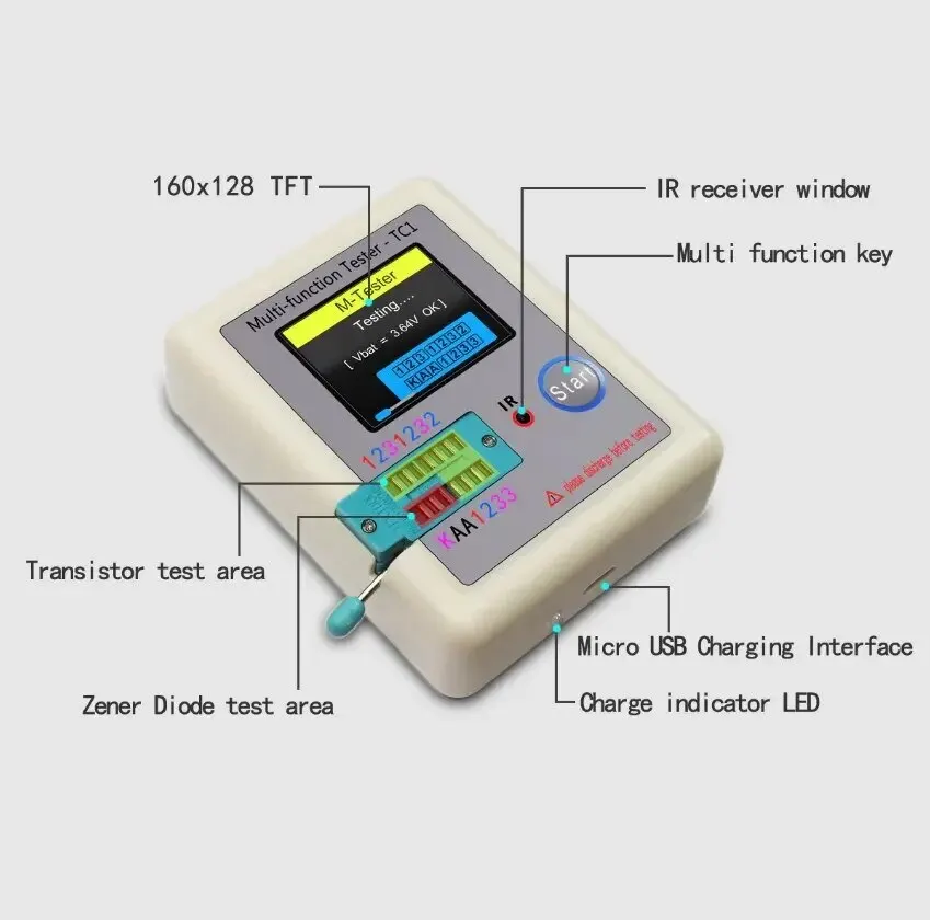 Transistor Tester LCR TC1 1.8 Inch TFT LCD Display Multimeter Diode Triode Capacitor Resistor Test Meter