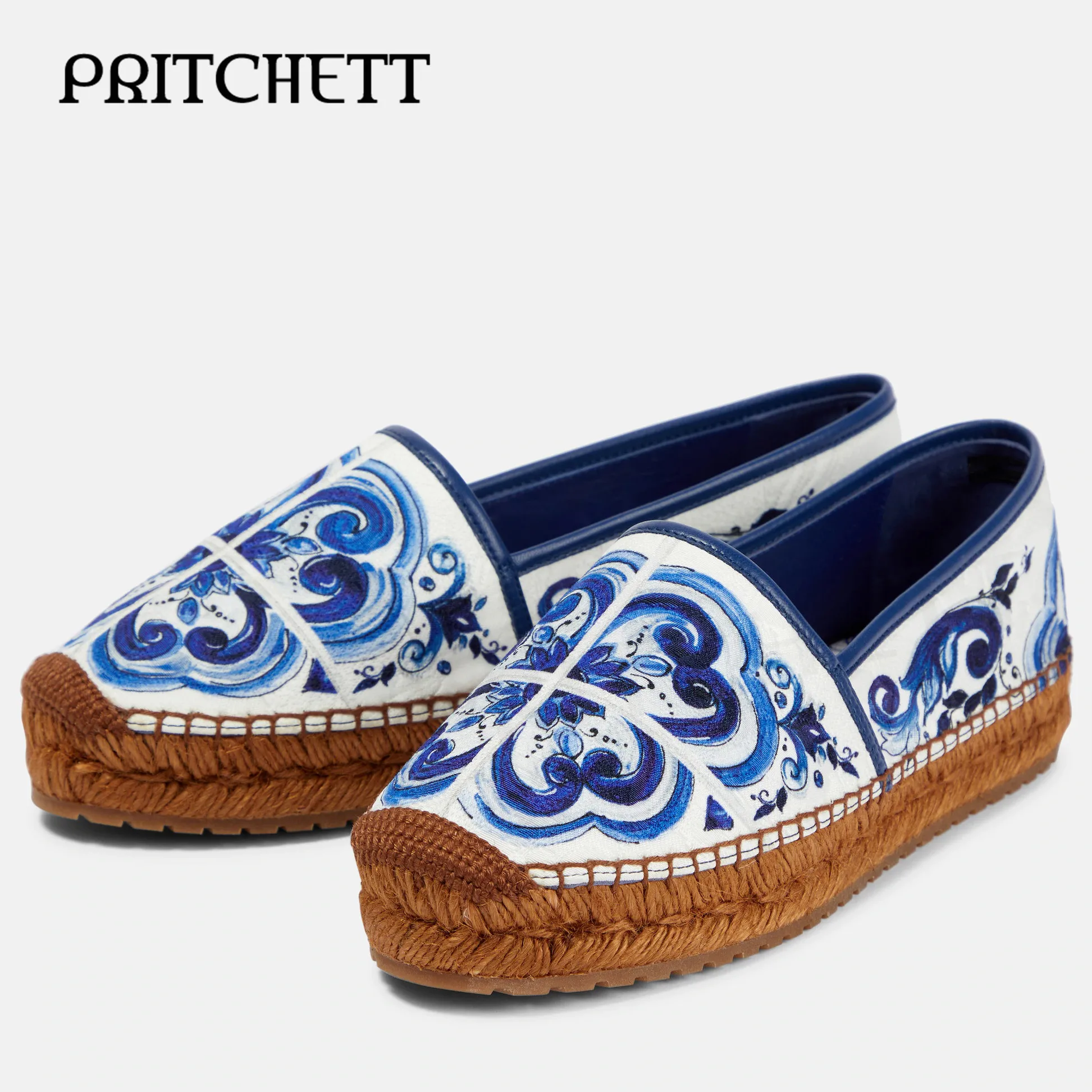 Red Blue and White Porcelain Espadrilles Round Toe Color Matching Slip-On Shallow Mouth Casual Shoes Comfortable Women's Shoes