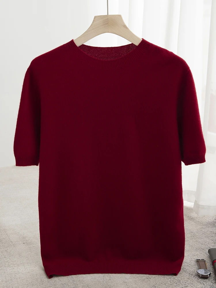 Men Classical T-shirt 100% Merino Wool Sweater O-neck Short Sleeve Pullover Smart Casual Basic Clothing Cashmere Knitwear Tops