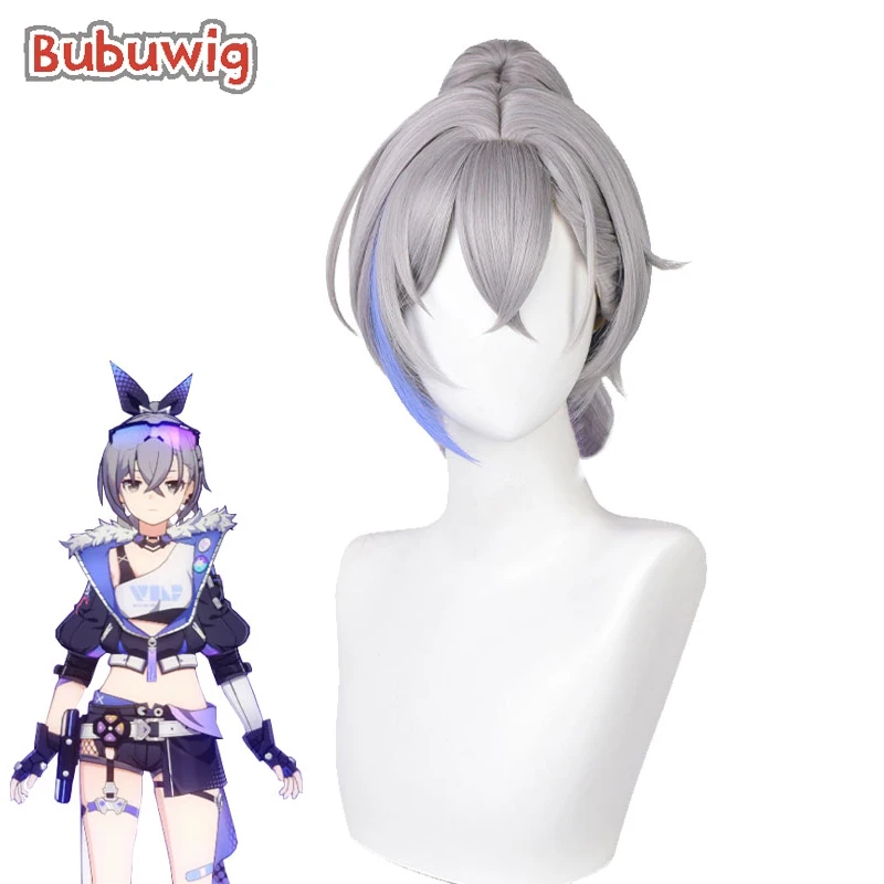 Bubuwig Synthetic Hair Silver Wolf Cosplay Wigs Honkai: Star Rail Silver Wolf 41cm Grey Mixed Blue Ponytail Wig Heat Resistant