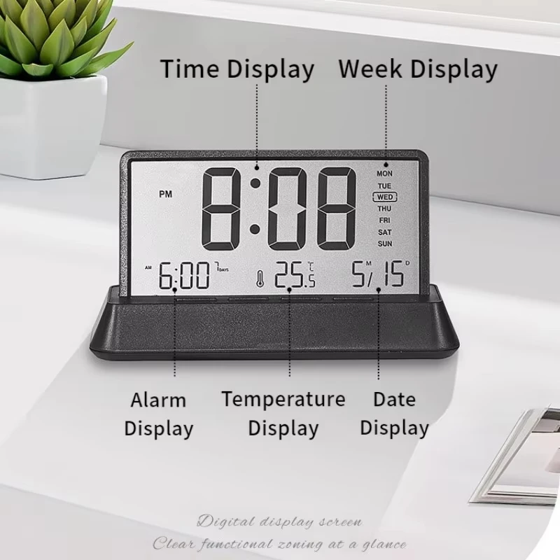 Transparent LED Large Screen Alarm Clock Temperature Date Week 12/24H Snooze Battery Desk Office School Home Decor Bedroom Kids 3