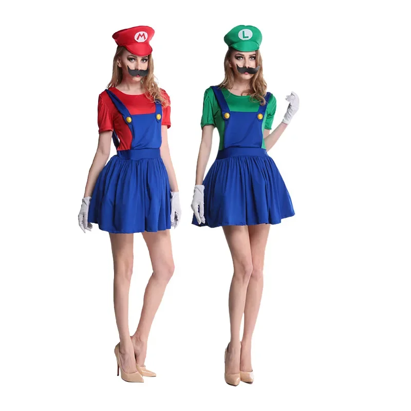 Super Luigi Cosplay Costume Adult Jumpsuit Beard Hat Men and Women Set kid Halloween Costume