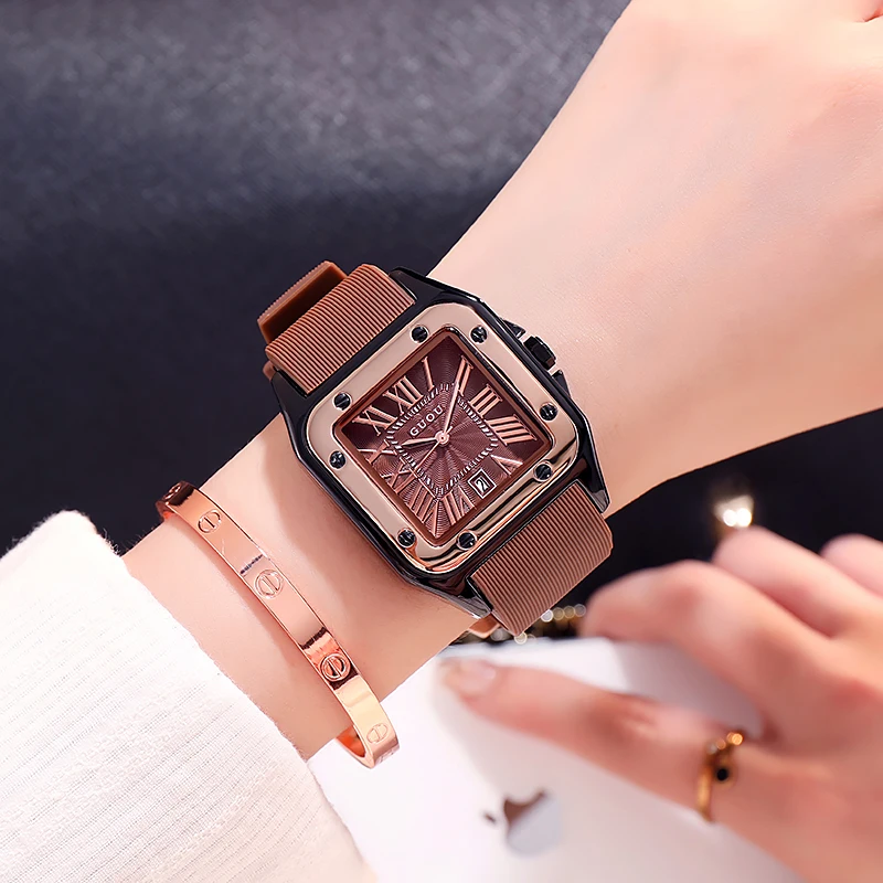 Original GUOU Women Quartz Watch Roman Numeral Automatic Date Dial Luxury Premium Multicolor Silicone Strap Lady Gift Clock 2023