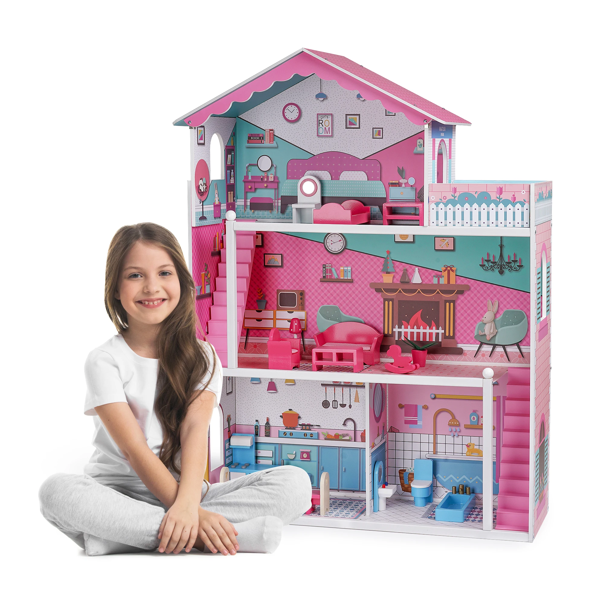 

Wooden Dollhouse with Furniture 4-Rooms, with 18 pcs Furniture & Accessories