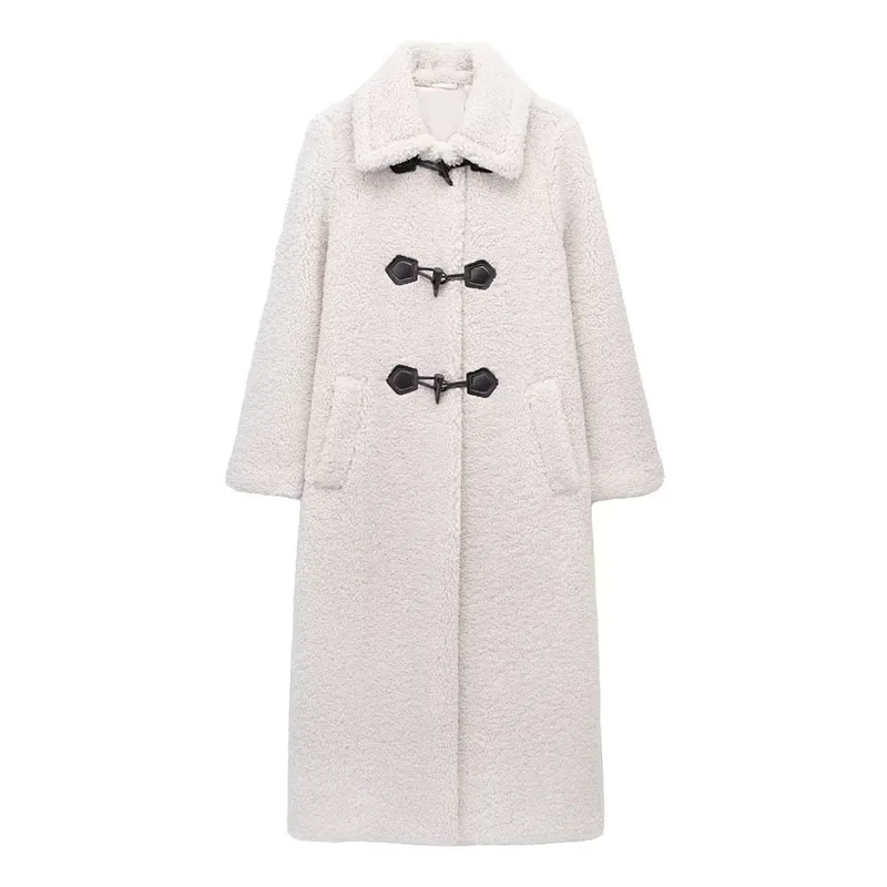 

Women's Coat Fashion Button Decoration Lapel Thickened Long Overcoat Elegant Solid Colour Winter Warm Fleece Outwear Jacket