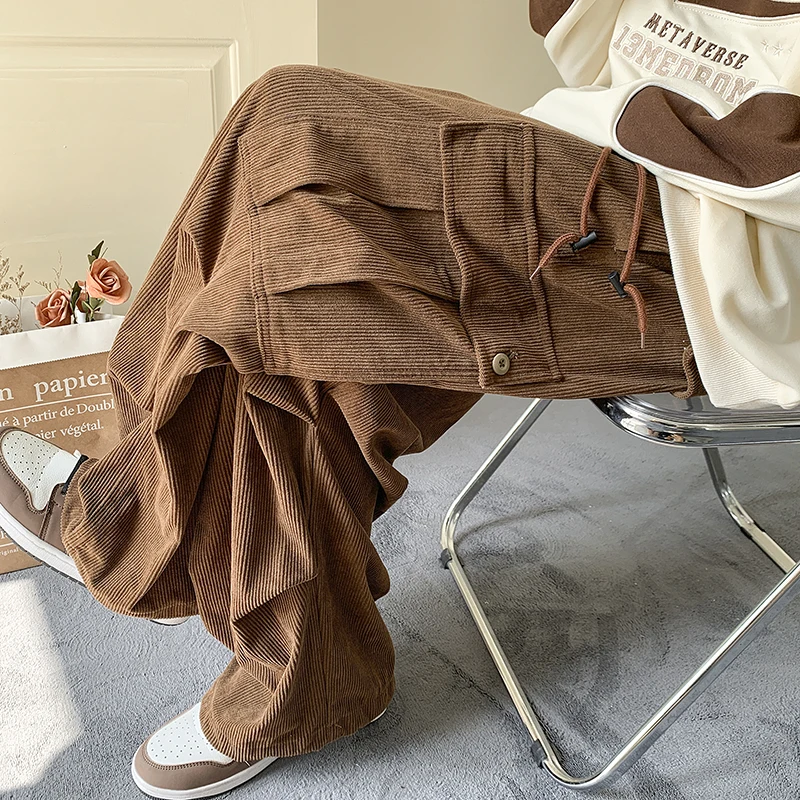 Men's Brown Y2K Baggy Japan Pants Oversized Corduroy Loose Wide Leg Cargo Pant Trousers Casual Men Sweatpants Streetwear Korean cargo pants military cargo pants casual sweatpants men casual pants